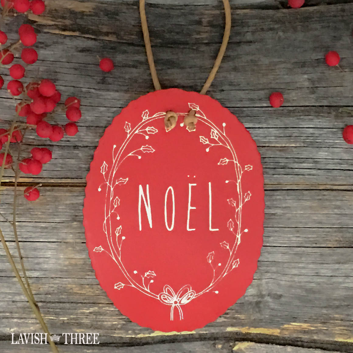 Tin holiday christmas tree ornaments gift tag in Noel, Peace & Joy lavish three 3