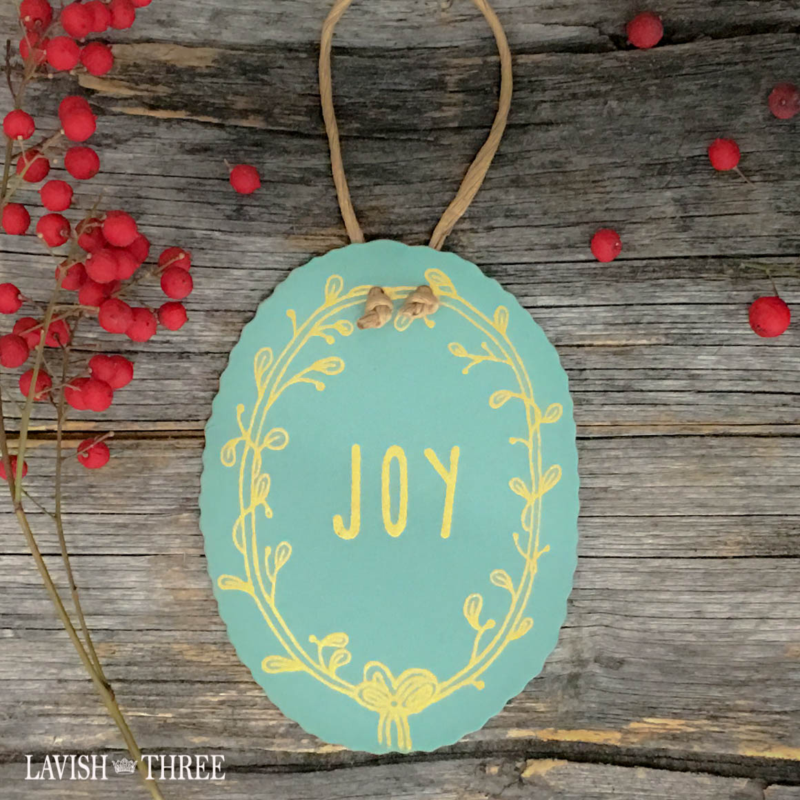 Tin holiday christmas tree ornaments gift tag in Noel, Peace & Joy lavish three 3