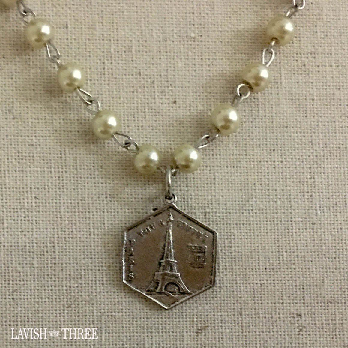 Paris silver eiffel tower charm on pearl necklace Lavish three 3