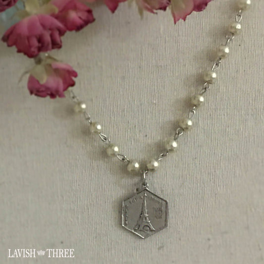 Paris silver eiffel tower charm on pearl necklace Lavish three 3