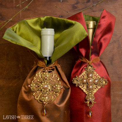Elegant fancy satin bottle wine dresses, gift bags in copper & merlot