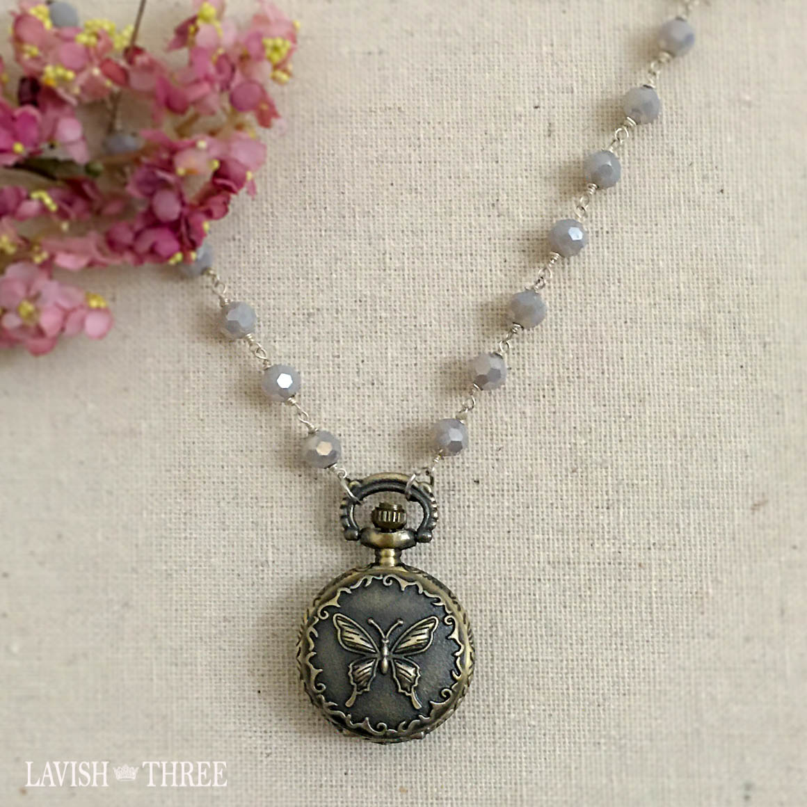 Butterfly watch pendant beaded necklace Lavish three 3