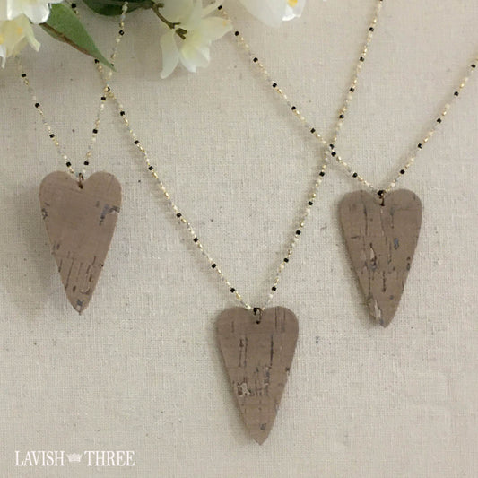 Cork heart pendant charm on beaded long necklace Lavish three 3