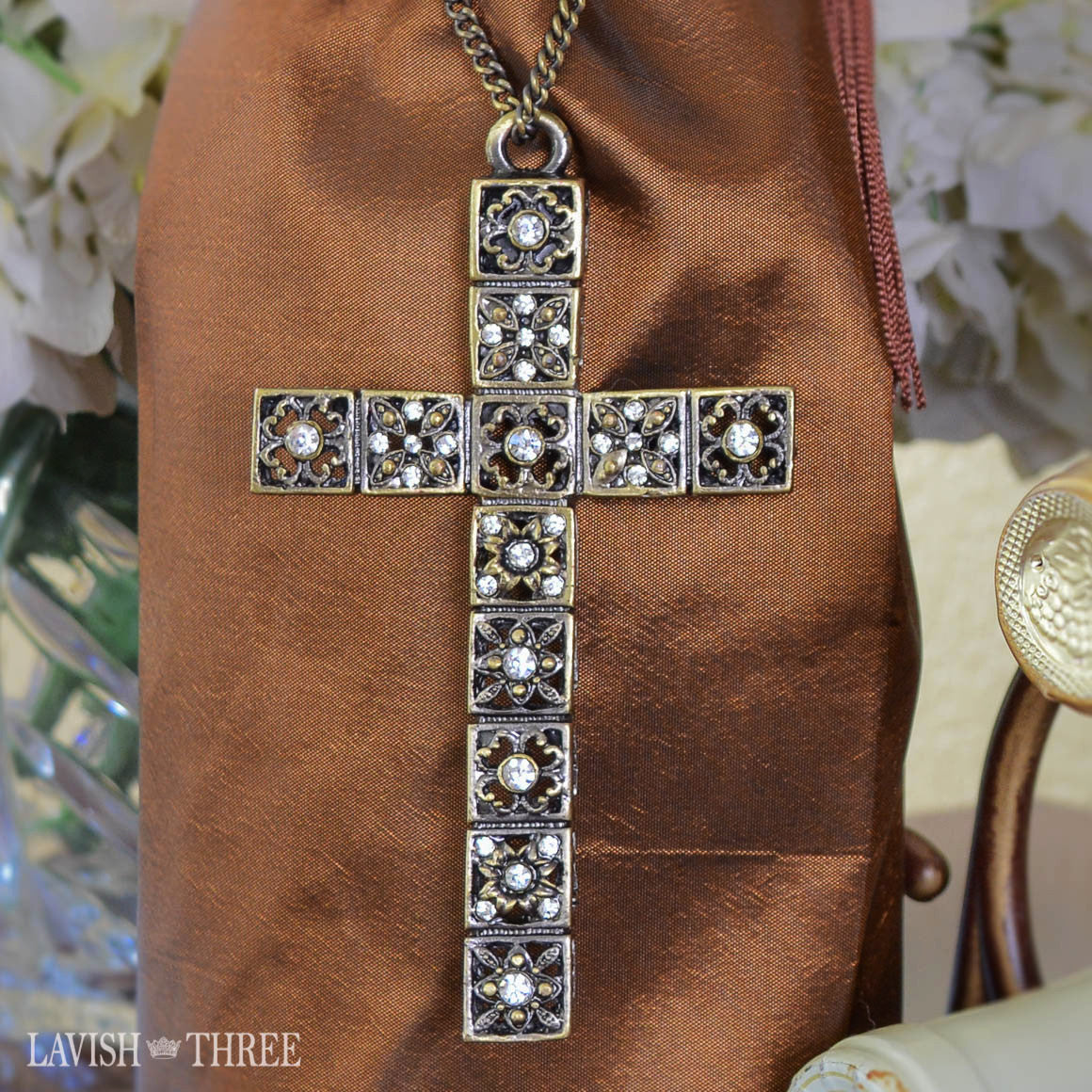 Large brass & crystal cross ornament gift lavish three 3