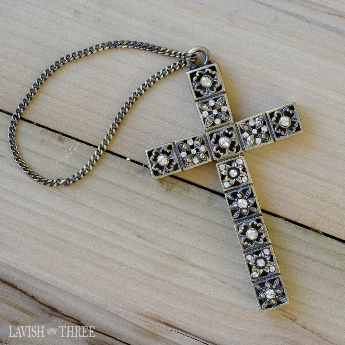 Large brass & crystal cross ornament on chain