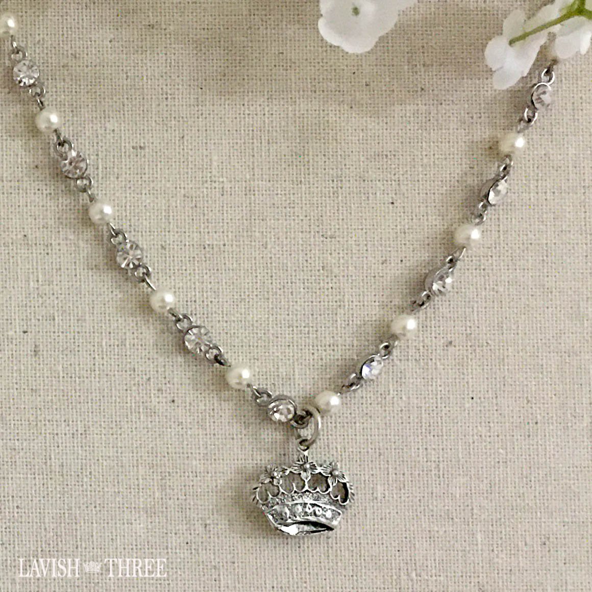 crown charm crystal and pearl silver necklace lavish three 3