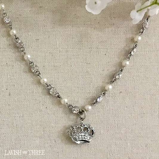 crown charm crystal and pearl silver necklace lavish three 3