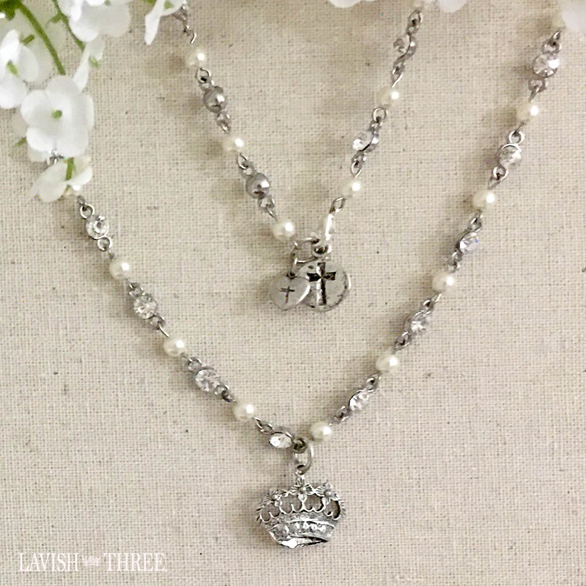 crown charm crystal and pearl silver necklace lavish three 3