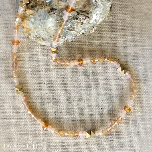 crystal beaded long necklace with brushed gold accents, Lavish Three