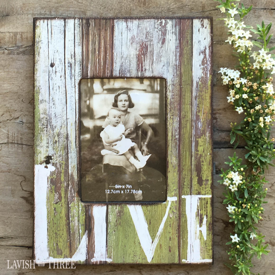 5x7 Vertical Country farmhouse distressed wood frame green with white LIVE painted