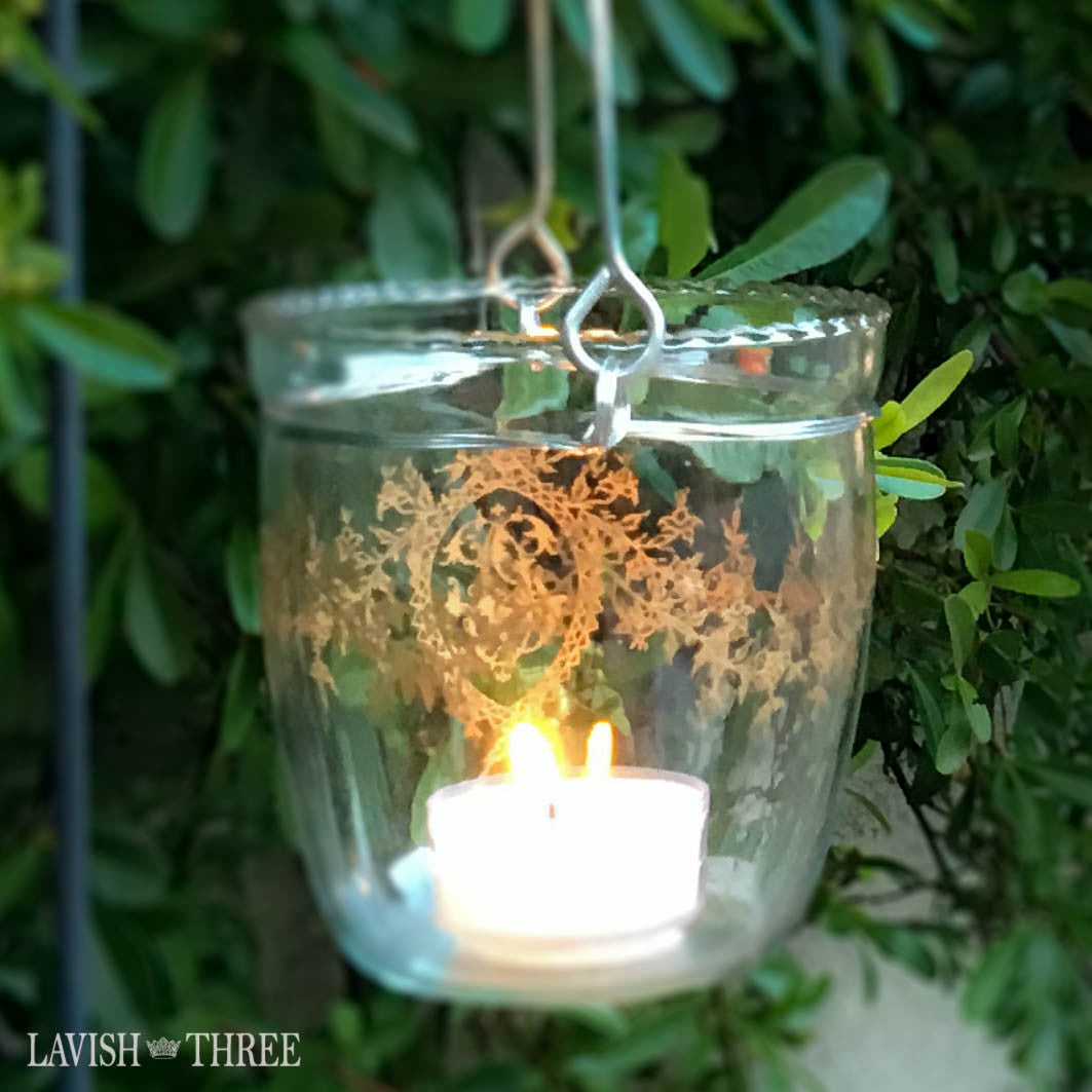 Vintage etched glass moroccan votive garden hanging candle holder with handle