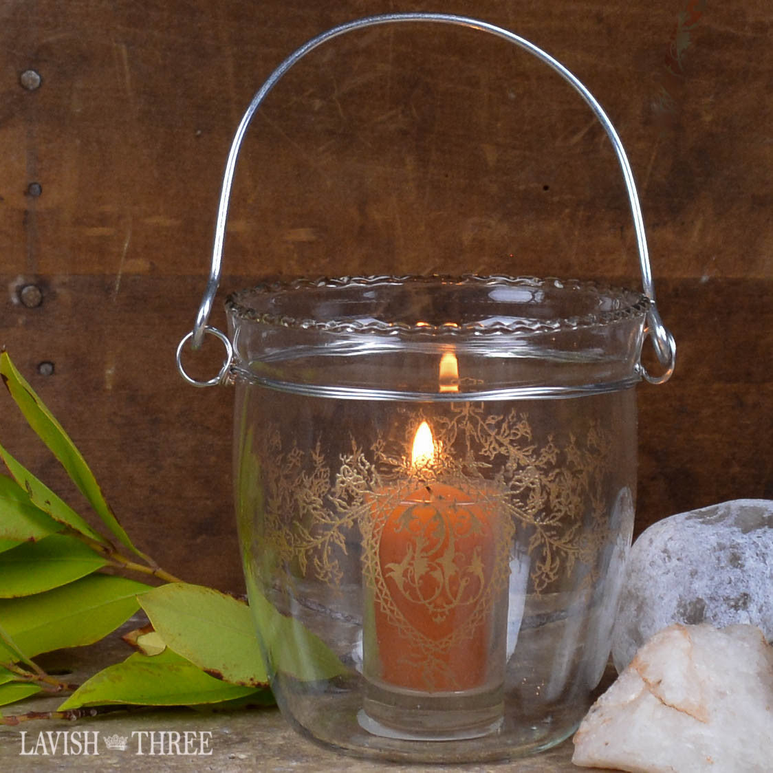 Vintage morrocan boho hanging etched glass votive candle holder lantern with handle