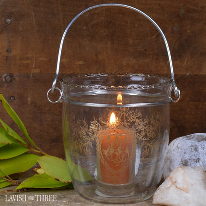 Vintage morrocan boho hanging etched glass votive candle holder lantern with handle