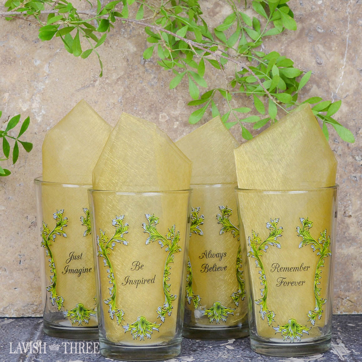 Royal crown mini orange juice glasses with inspirational sayings lavish three 3