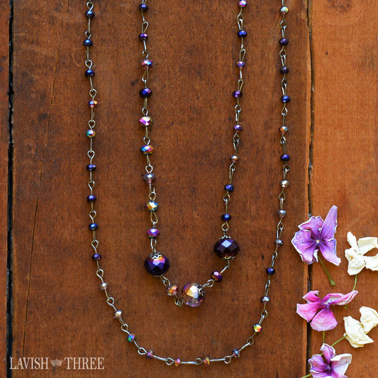 Long purple black gunmetal crystal bead necklace one of a kind jewelry
