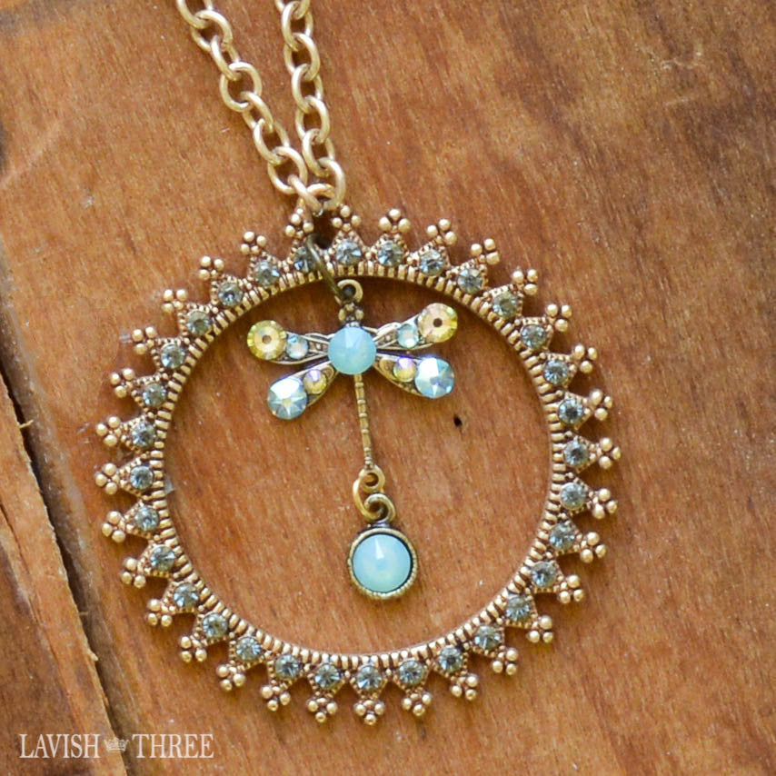 Long gold pearl chain with dragonfly charm pendant