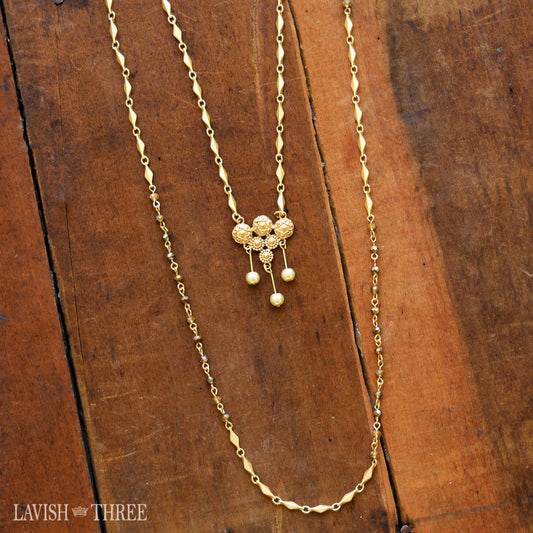 Long gold double chain necklace with pendant charm one of a kind jewelry