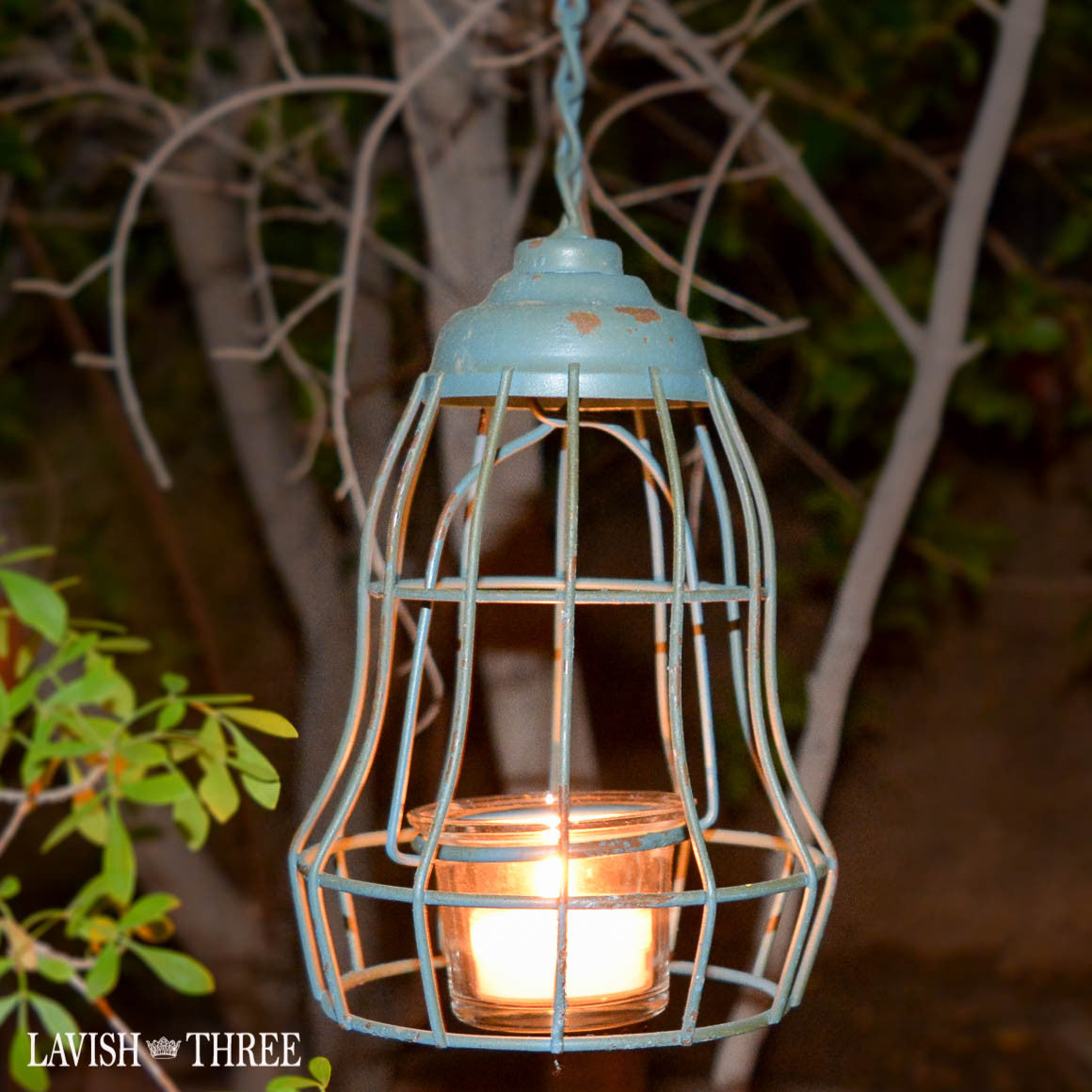 Vintage shabby chic garden metal hanging tealight lantern blue