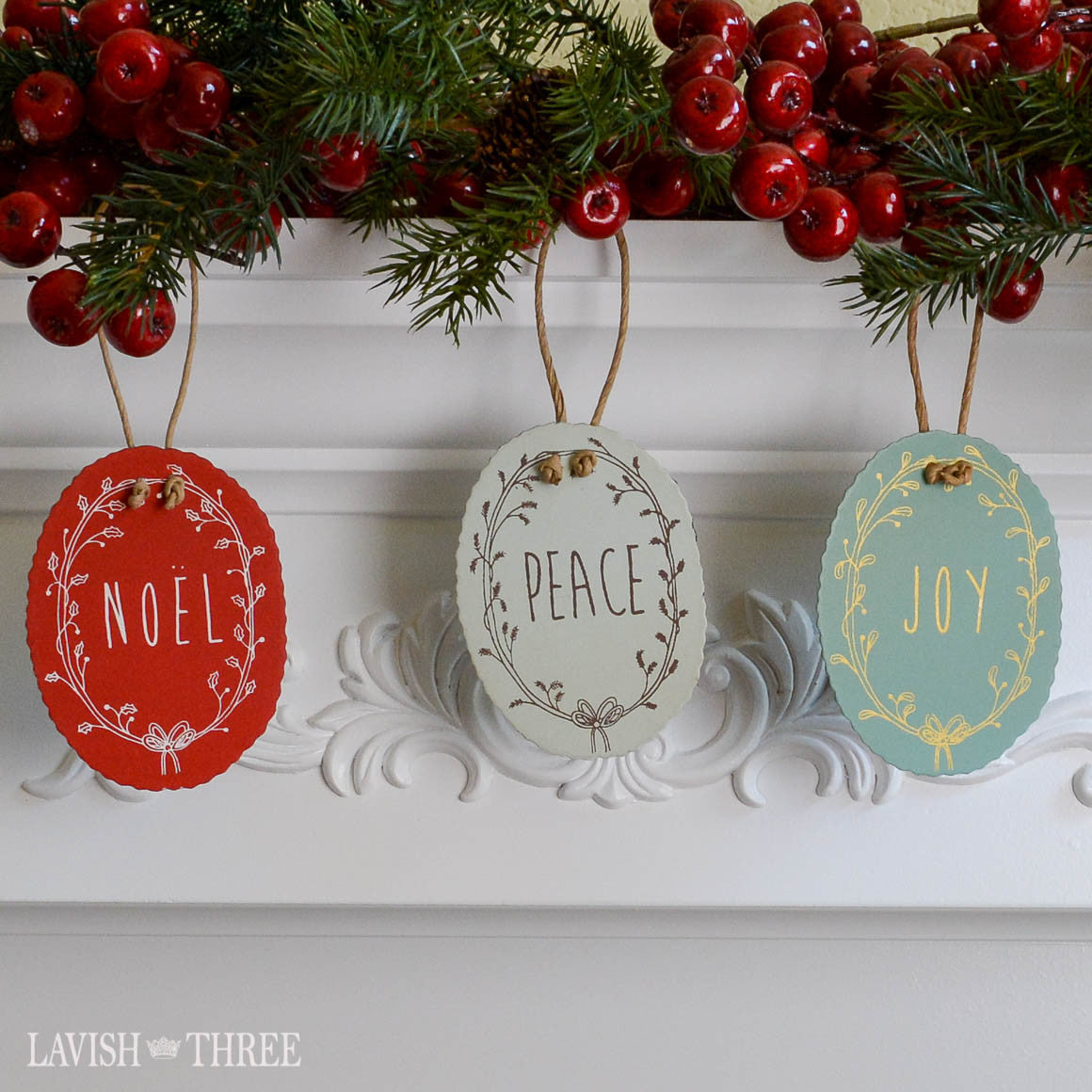Tin holiday christmas tree ornaments in Noel, Peace & Joy lavish three 3