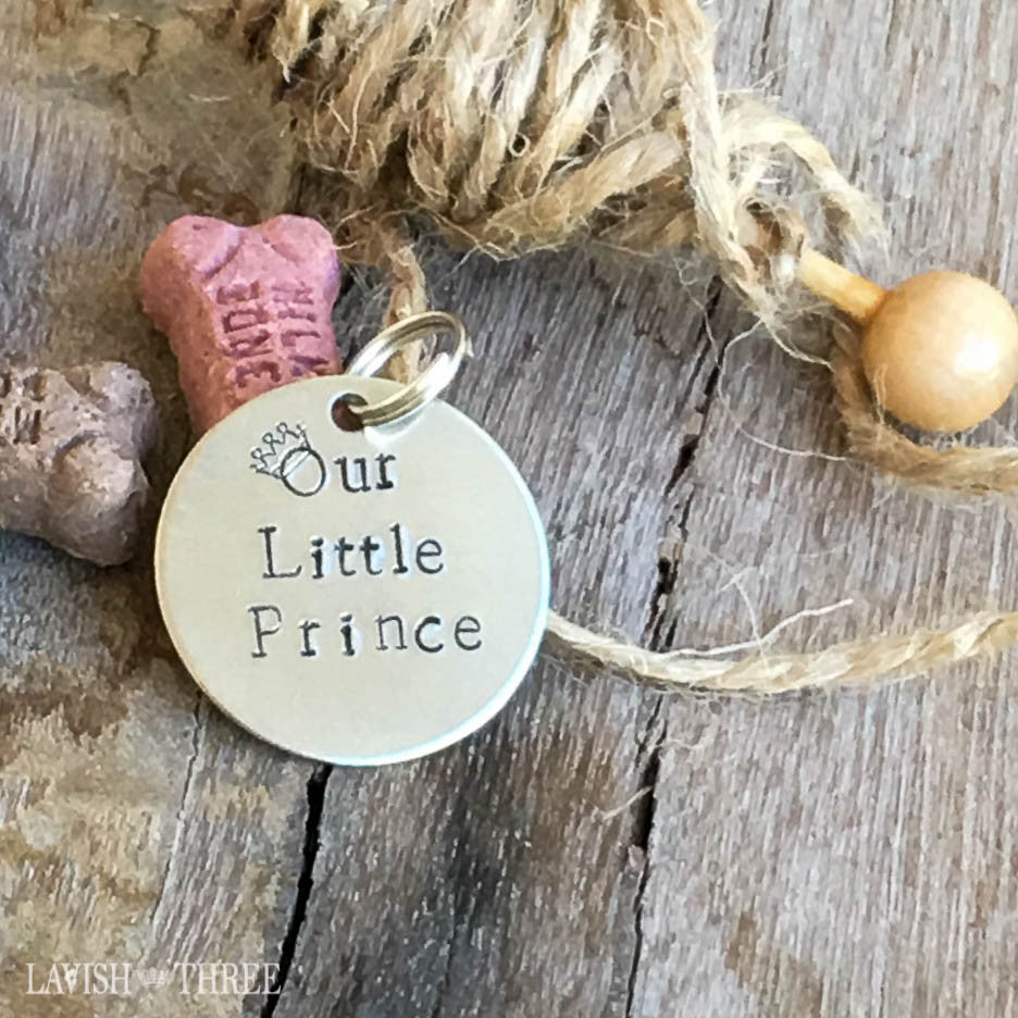 Our little prince dog cat lover charm tag hand stamped  nickel