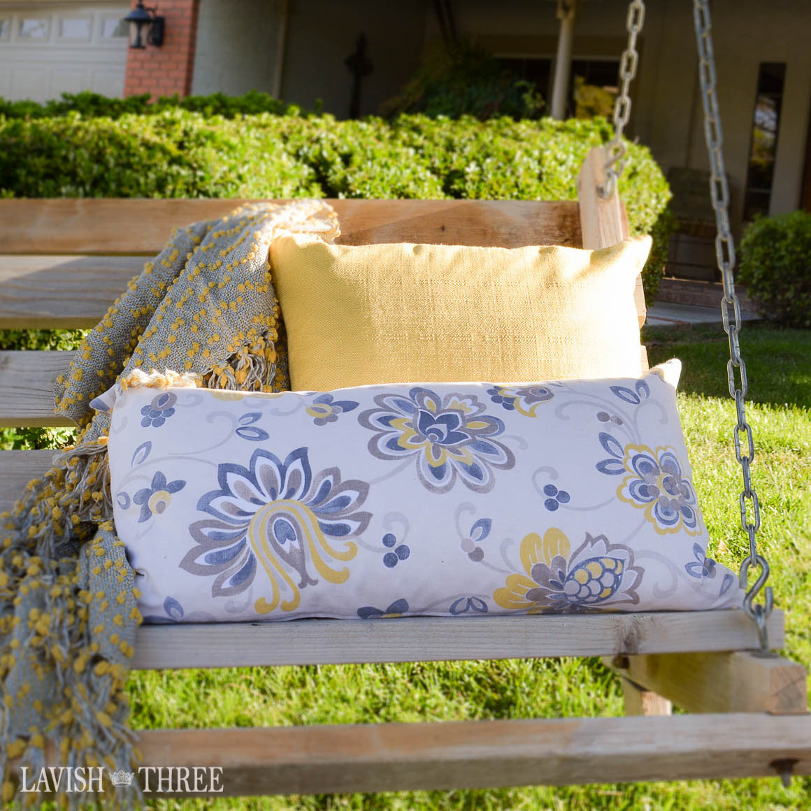 Peridot yellow pillow with oblong floral printed pillow