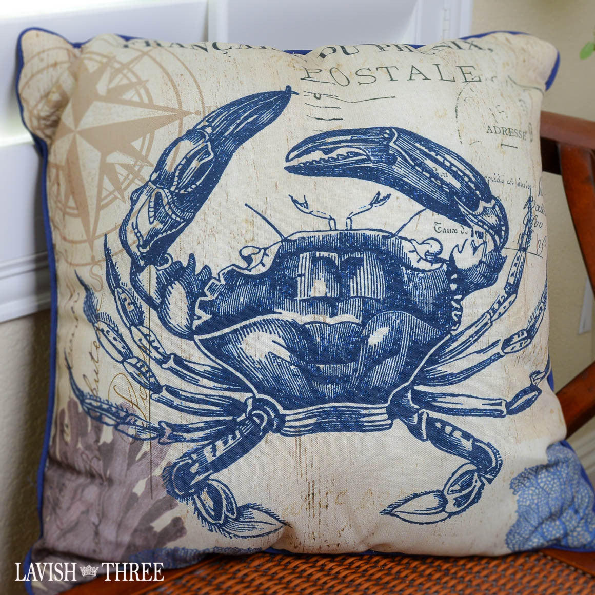 Royal blue crab nautical beach cottage coastal decor throw pillow Lavish three 3