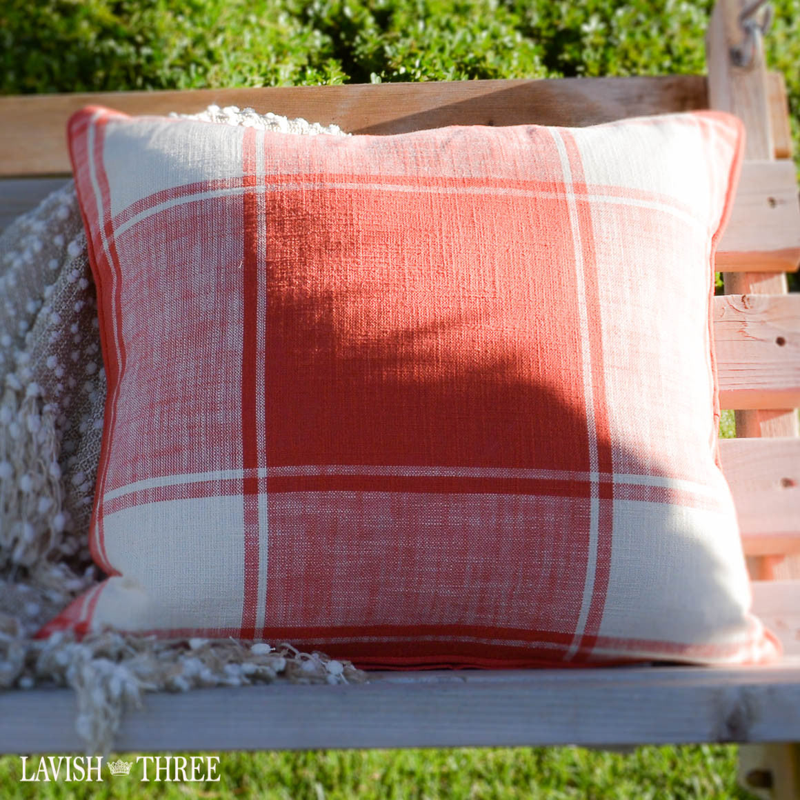Large window pane plaid throw accent pillow in ivory and coral Lavish three 3