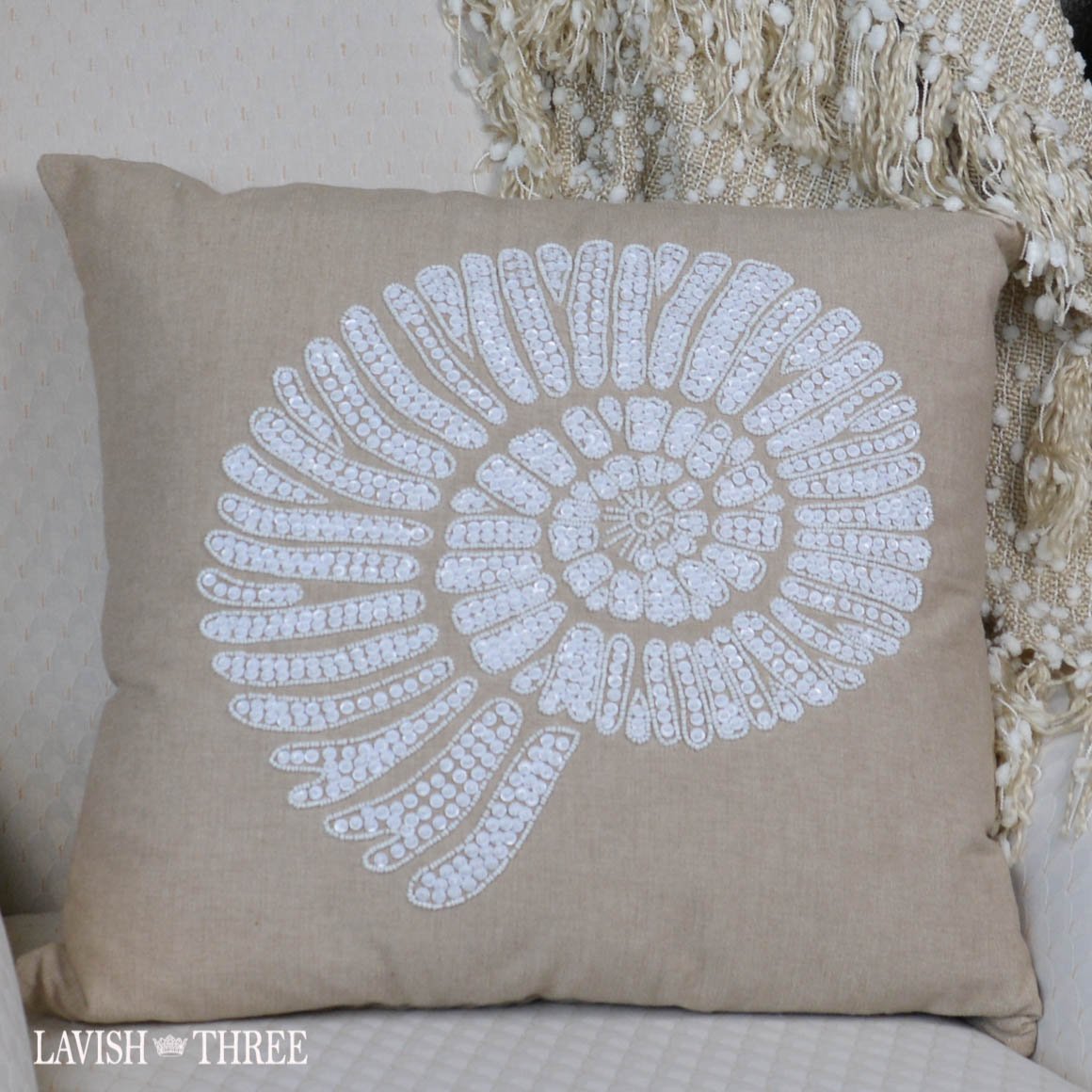 Beaded sea conch tan white decorative accent pillow Lavish three 3