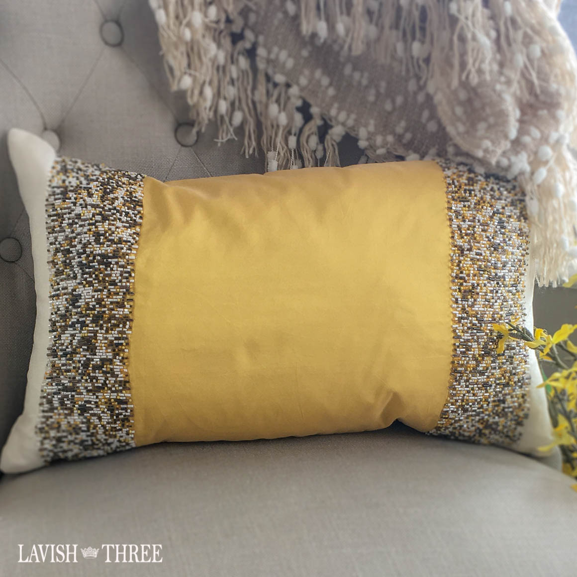 Yellow white brown beaded oblong throw accent pillow Lavish three 3 