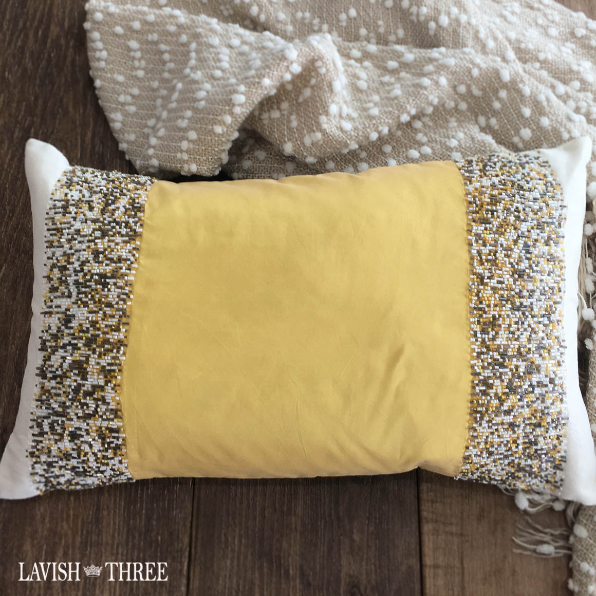 Yellow white brown beaded oblong throw accent pillow Lavish three 3 