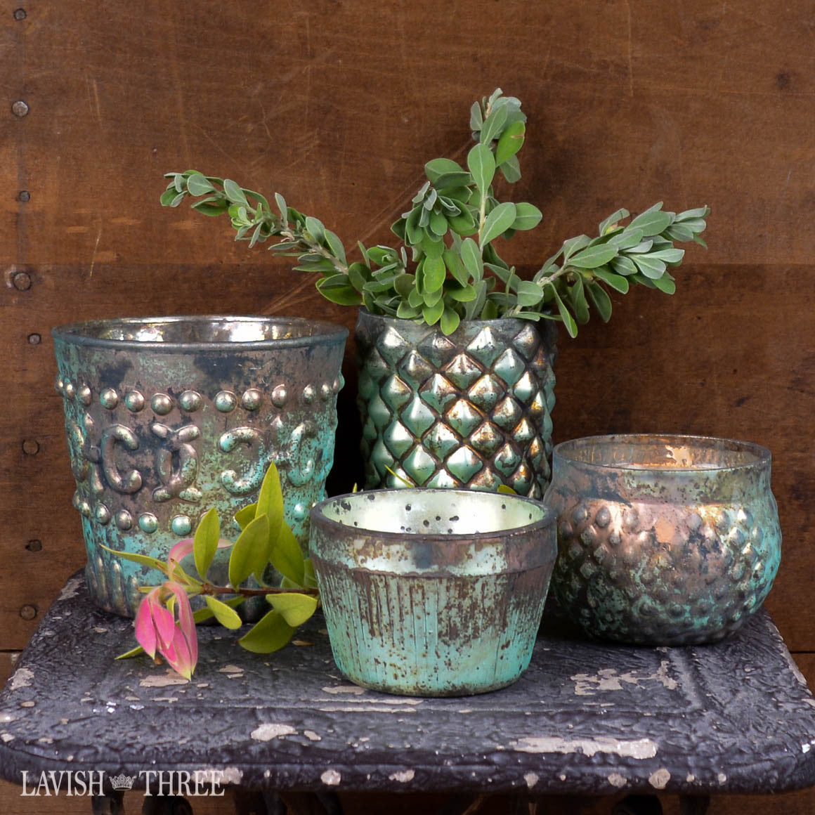 Aqua patina mercury glass votive candle holder set lavish three 3