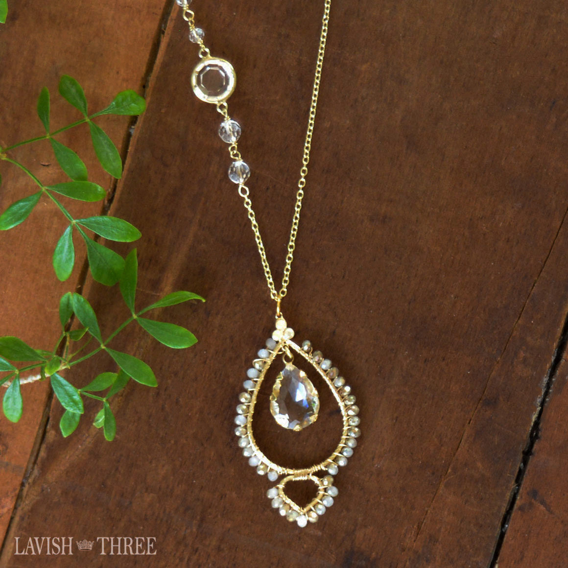 Long gold crystal bead necklace with crystal charm pendant one of a kind jewelry
