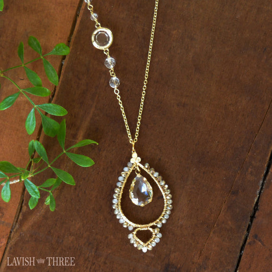 Long gold crystal bead necklace with crystal charm pendant one of a kind jewelry