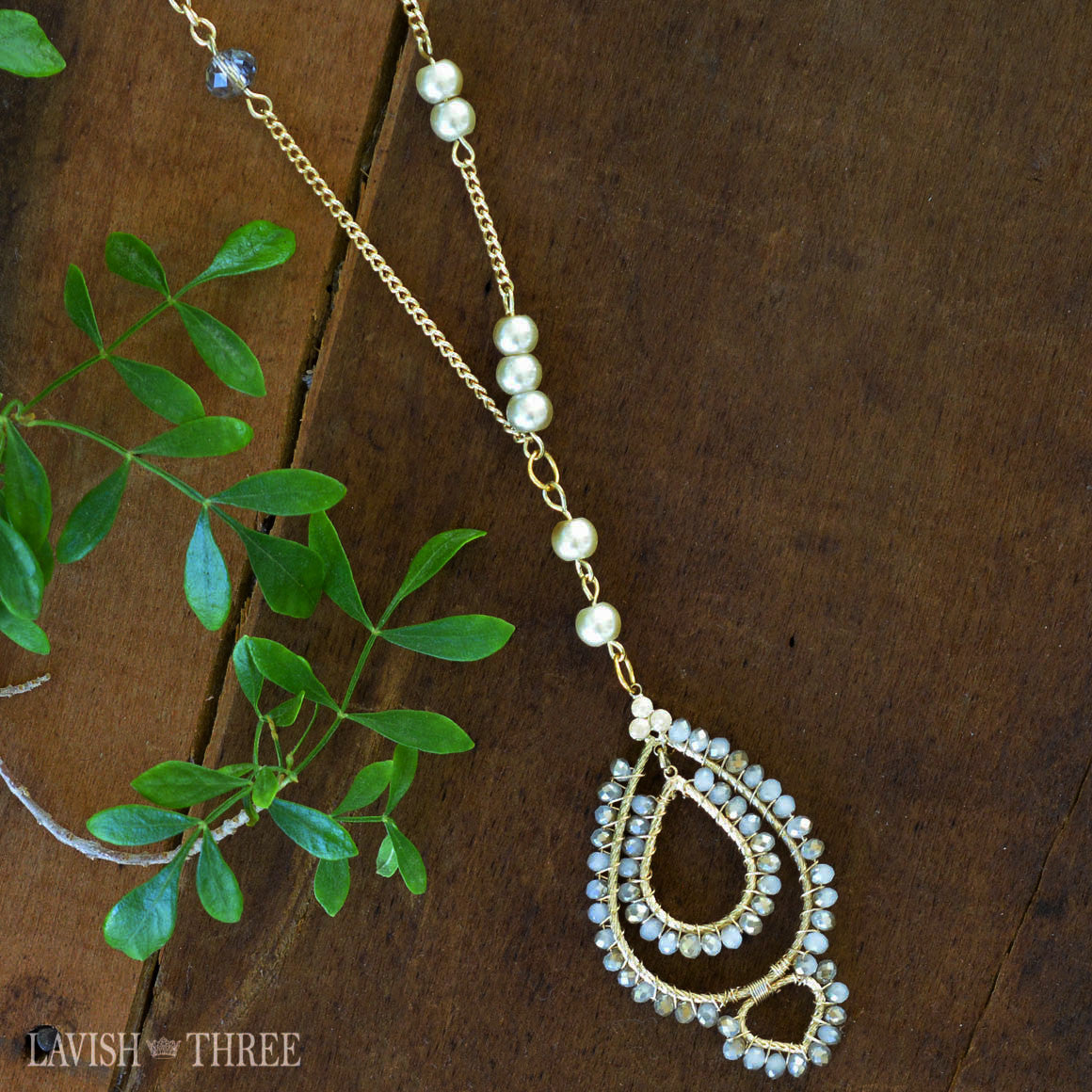 Long gold pearl bead necklace with crystal pendant charm one of a kind jewelry