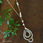Long gold pearl bead necklace with crystal pendant charm one of a kind jewelry