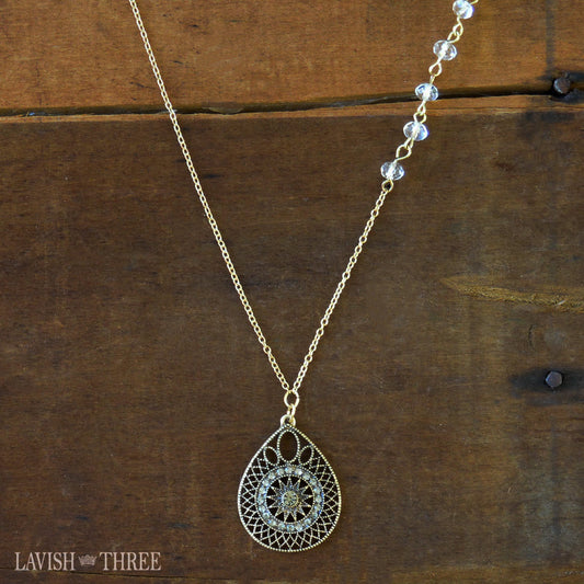 Gold crystal necklace with pendant charm one of a kind jewelry