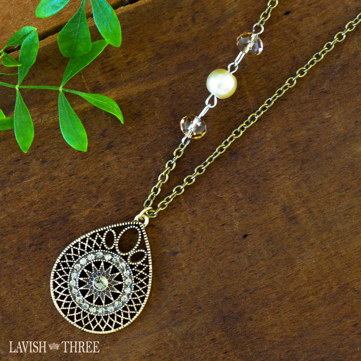 Gold pearl crystal necklace with charm pendant one of a kind jewelry
